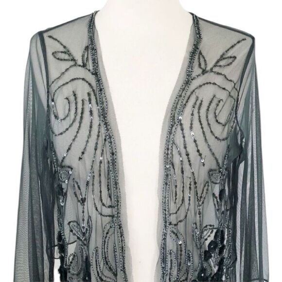 Soft Surroundings Beaded Embellished Open Front Mesh Shear cardigan Shrug Green - Picture 4 of 6